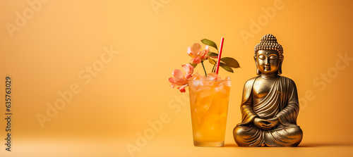 Golden glossy budha with cocktail isolated on pastel background with a place for text  photo