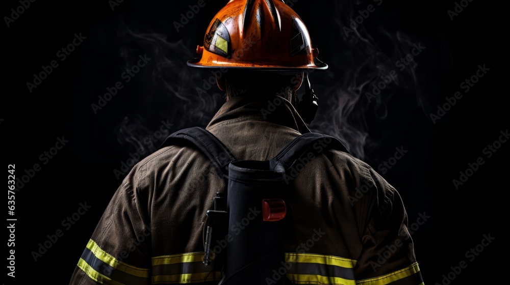 Naklejka premium Firefighter on black background. Generative AI technology.