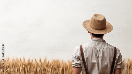 Young farmer cowboy on white wheat plant background. Generative AI technology.