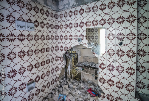 Tiles in bathroom in hotel in so called Bay of Abandoned Hotels in Kupari, Croatia photo