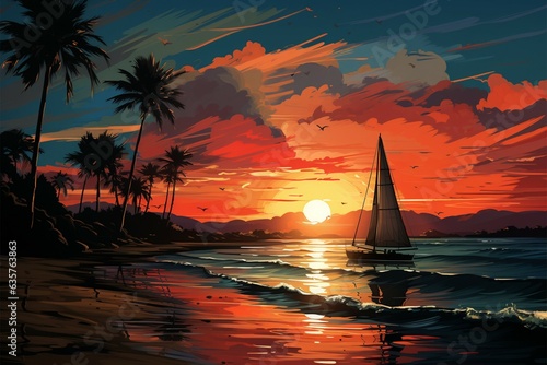 Horizon voyage, Palm-lined beach, sailing yacht at sunset illustrated coastal escape in vectors Generative AI