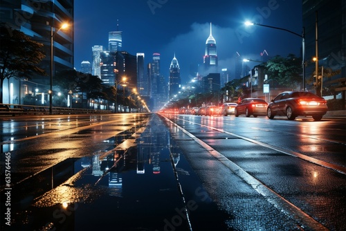 light trails on city street with cityscape at night Generative AI