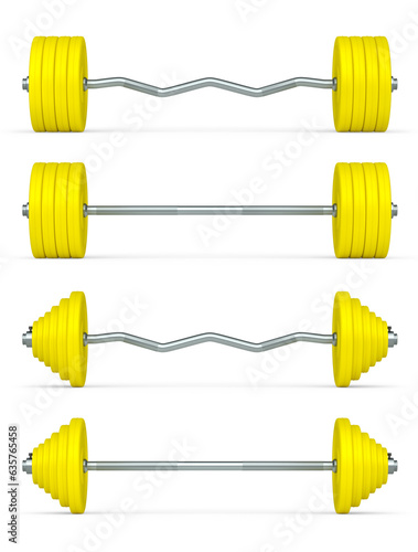 Set of metal barbell with rubber disks shaped handle isolated on white