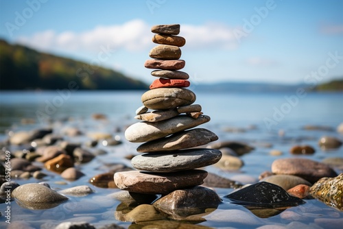 Nautical formation Sea kissed stones stacked into a pyramid along the shore Generative AI