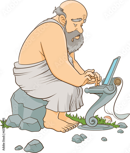man sitting on a rock with an ancient laptop