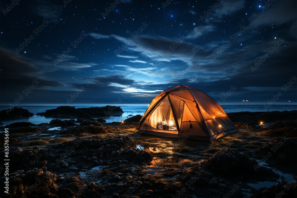 Nights sanctuary Tent stands firm as stars twinkle in the velvet sky Generative AI