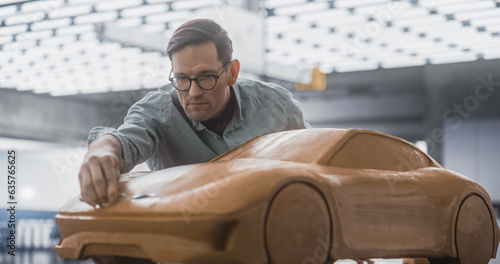 Portrait of an Automotive Artist Making Final Strokes on His Latest Concept Car Creation. Designer Working on a New Prototype, Sculpting Industrial Plasticine Clay 3D Model of a Sport Coupe