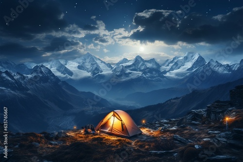 Nightscape in mountains lap Tent nestled among peaks, immersed in nocturnal calm Generative AI