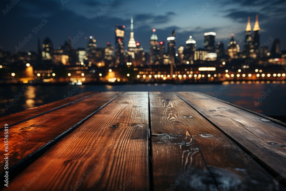 Fototapeta premium Nighttime atmosphere Wooden table with city buildings softly blurred in the backdrop Generative AI