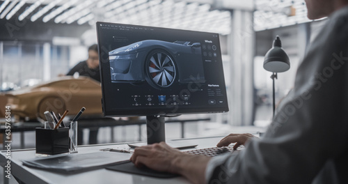 Automotive Designer and Modeler Working as a Team on Creating a Futuristic Car in a Studio. Engineer Working on Digital Render on Desktop Computer, Female Sculptor Creating a 3D Clay Model photo