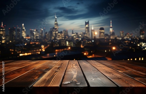 Nighttime atmosphere Wooden table with city buildings softly blurred in the backdrop Generative AI