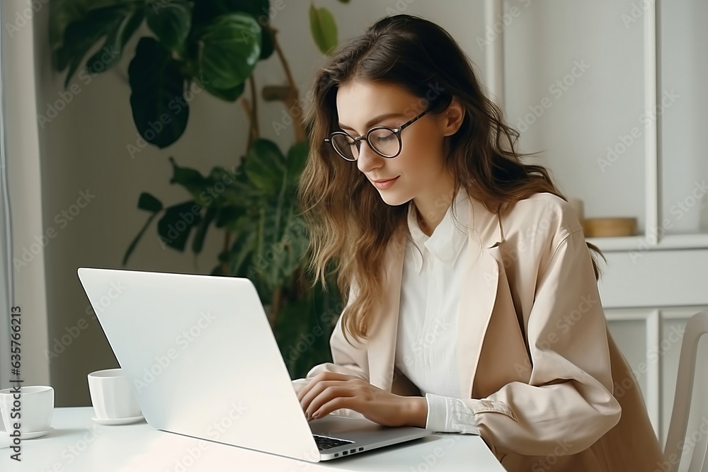 beautiful girl works at the laptop. remote work. generative ai. beautiful girl works at the laptop. remote work. generative ai.