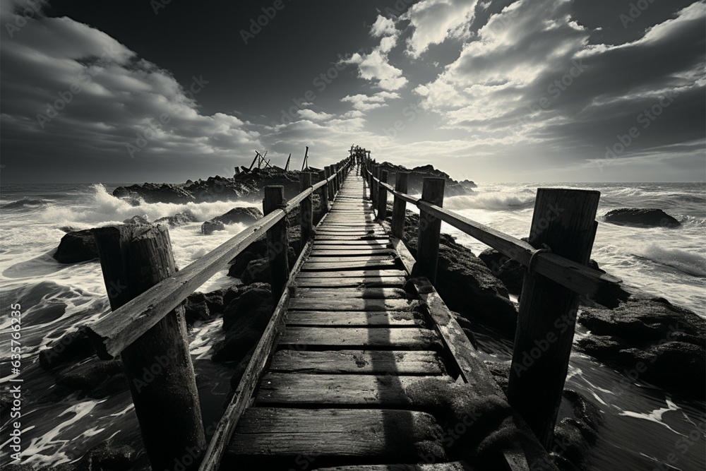 Obraz premium Noir coastal scene, Fishing jetty depicted in evocative black and white tones Generative AI