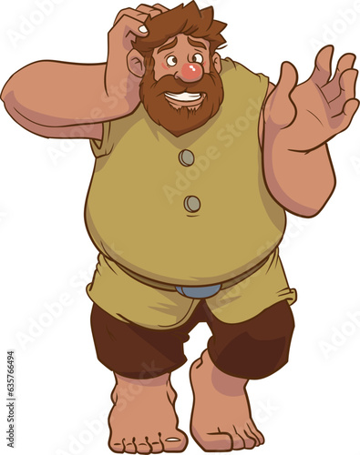 cartoon illustration of a man raising one hand with a questioning face or confuse face