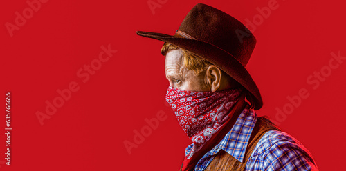Portrait cowboy. American bandit in mask, western man with hat. Portrait of cowboy in hat. Portrait of man wearing cowboy hat, gun. West, guns
