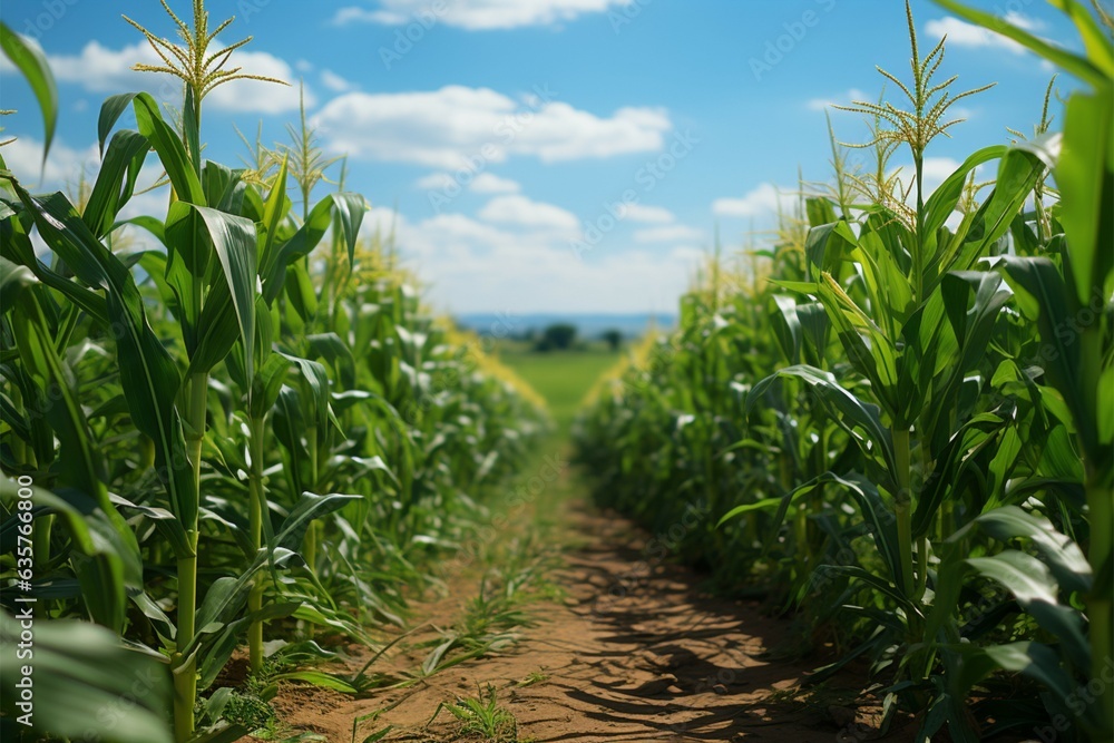 Private farms expanse, orderly rows of young corn showcase lush green growth Generative AI