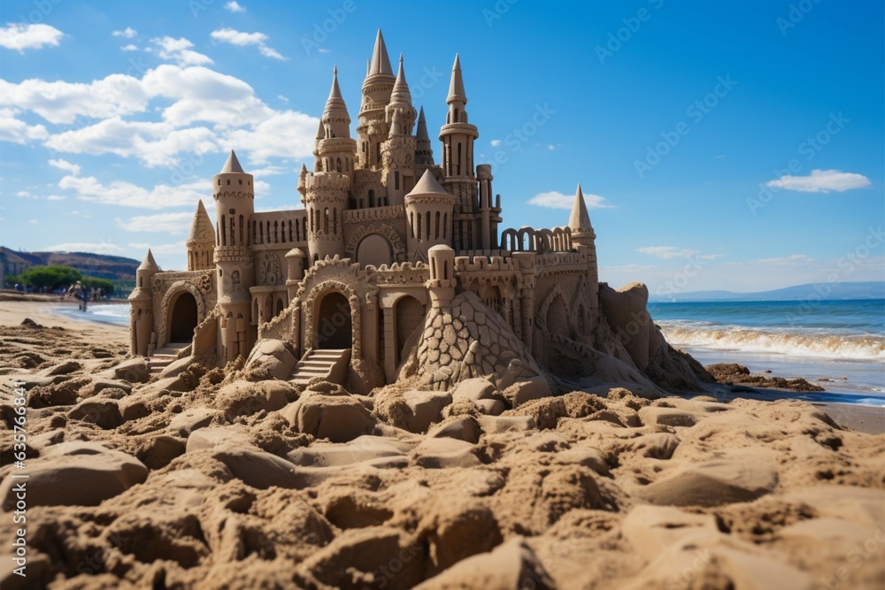 Relaxing rendezvous Sandcastle embodies the holiday concept of leisure by the shore Generative AI Relaxing rendezvous Sandcastle embodies the holiday concept of leisure by the shore Generative AI