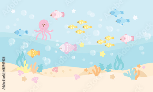 Illustration of sea lives such as octopus  fish  sea shell  starfish  coral reef  sand for under the sea background  aquarium  ocean  family trip  wallpaper  post card  vacation poster  travel  animal