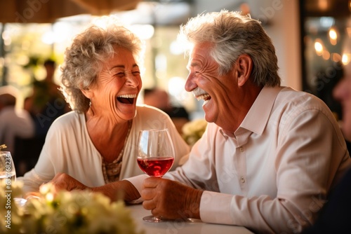 an older couple laughing while drinking wine at a restaurant