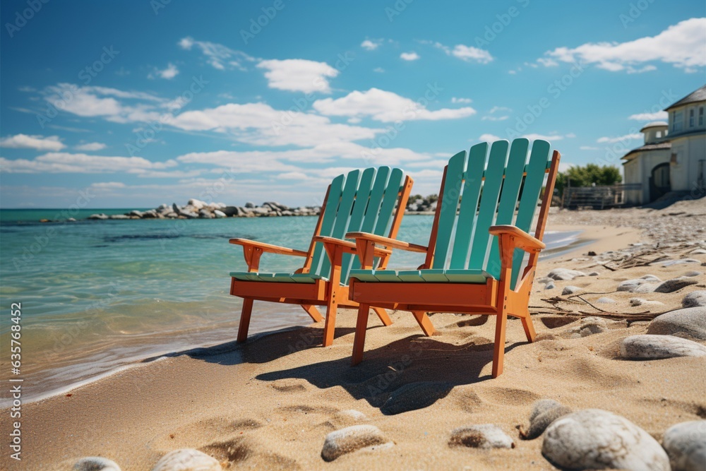 Seaside leisure Chairs on sandy beach beneath blue sky and sunny radiance Generative AI