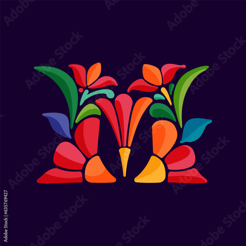 Letter M logo with Mexican colorful and ornate ethnic pattern. Traditional Aztec leaves and flowers embroidery ornament.