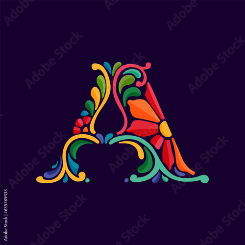 Letter A logo with Mexican colorful and ornate ethnic pattern. Traditional Aztec leaves and flowers embroidery ornament.