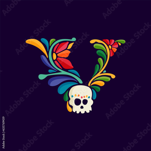 Letter V logo with Mexican colorful and ornate ethnic pattern. Traditional Aztec leaves and flowers embroidery ornament.
