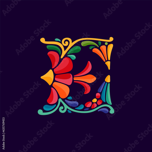 Letter E logo with Mexican colorful and ornate ethnic pattern. Traditional Aztec leaves and flowers embroidery ornament.