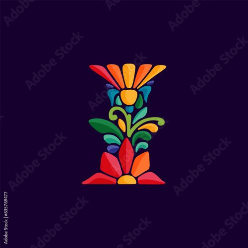 Letter I logo with Mexican colorful and ornate ethnic pattern. Traditional Aztec leaves and flowers embroidery ornament.