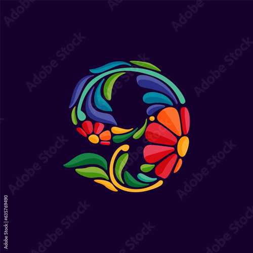 9 logo. Number nine with Mexican colorful and ornate ethnic pattern. Traditional Aztec leaves and flowers embroidery ornament.