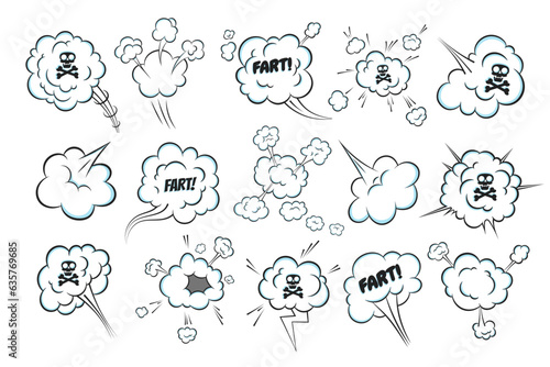 Smelling pop art comic book cartoon fart cloud flat style design vector illustration set with text and skull with crossed bones. Bad stink or toxic aroma cartoon smoke cloud.