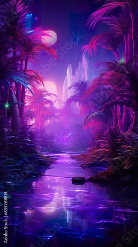 futuristic fantasy forest with purple, cyan, blue and pink trees, surreal palm park, generative AI