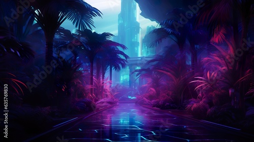 futuristic fantasy forest with purple, cyan, blue and pink trees, surreal palm park, generative AI © goami