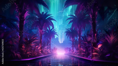 futuristic fantasy forest with purple, cyan, blue and pink trees, surreal palm park, generative AI © goami
