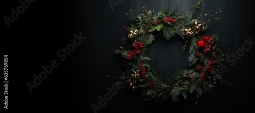 Generative AI, Close up Christmas wreath, dried branches, red berries, pine, balls and flowers on dark moody floral textured background.