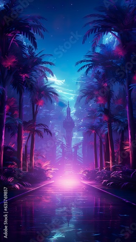 futuristic fantasy forest with purple  cyan  blue and pink trees  surreal palm park  generative AI