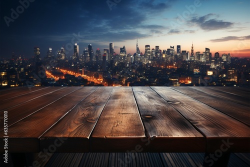 Skyline twilight Blurred night sky, wooden table in the midst of urbanity Generative AI