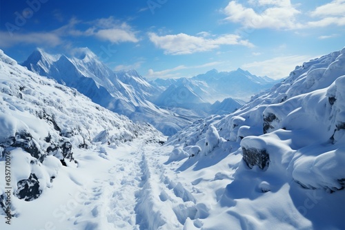 Murais de parede Snowbound ascent Human footprints track hillside journey, embracing snowy challe