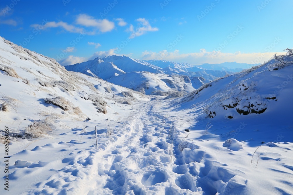Snowy ascent Human footprints mark hillside climb in tranquil winter landscape Generative AI