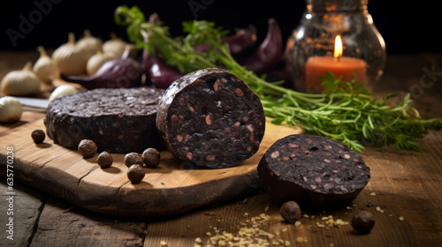 slices of black pudding on a board with herbs and spices photo