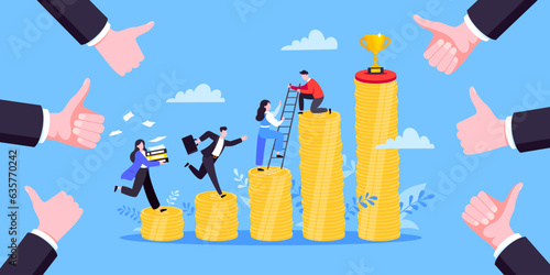 Business mentor helps improve career and money stacks growing. He holds stairs steps vector illustration. Mentorship, upskills, climb help self development strategy flat style design business concept.