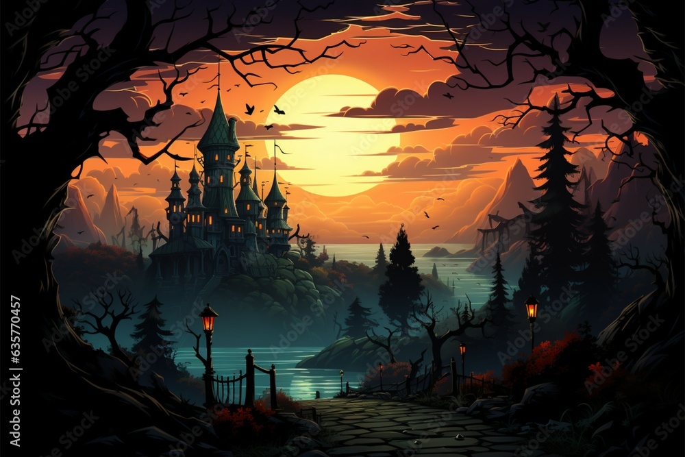 Spooky elegance Cartoon vector depicts moonlit city, stars, and silhouetted houses Generative AI