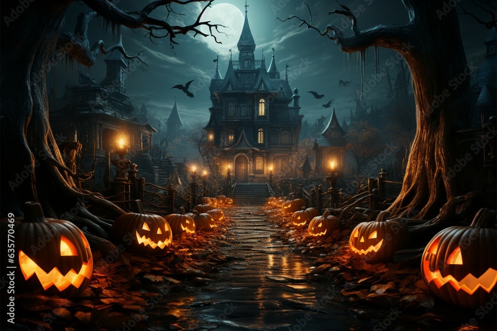 Spooky route, Hillside house, pumpkin-lit path, cemetery illustrated Halloween ambiance Generative AI Spooky route, Hillside house, pumpkin-lit path, cemetery illustrated Halloween ambiance Generative AI