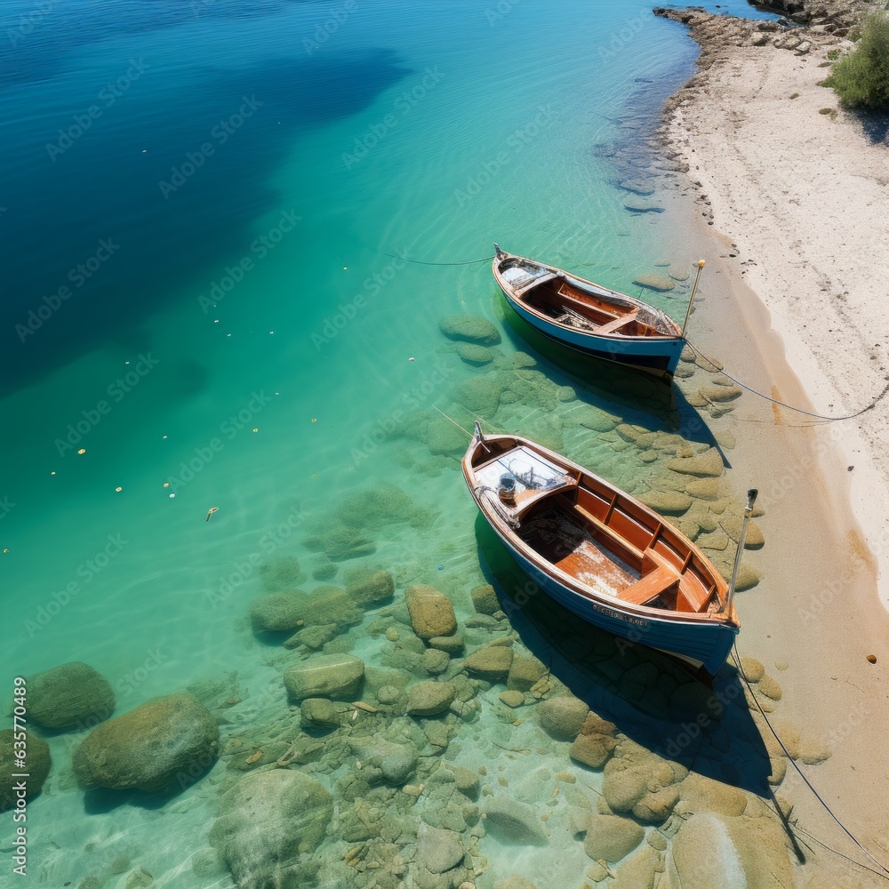 Summer beach with reef, sunny day and calm sea, fishing boats sail the ocean Summer beach with reef, sunny day and calm sea, fishing boats sail the ocean