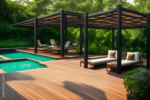 Lavish outside garden with swimming pool, Generative AI Illustration © pandawild