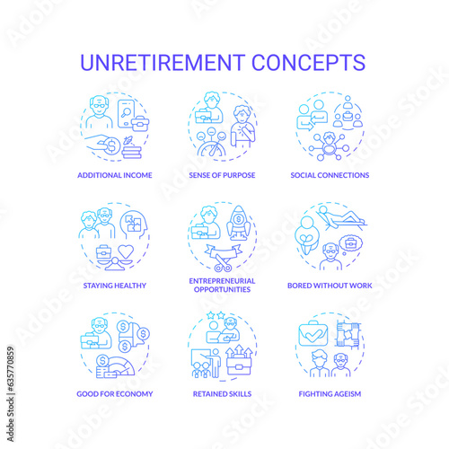 2D gradient icons set representing unretirement concepts, isolated vector, thin line blue illustration.