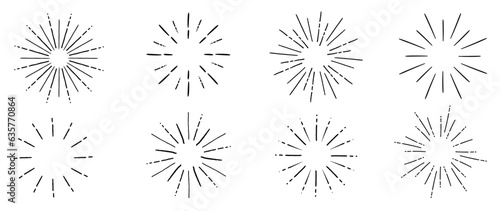 Set of cute starburst doodle element vector. Hand drawn doodle style collection of different starburst, sparkle, firework. Illustration design for print, cartoon, card, decoration, sticker, icon.