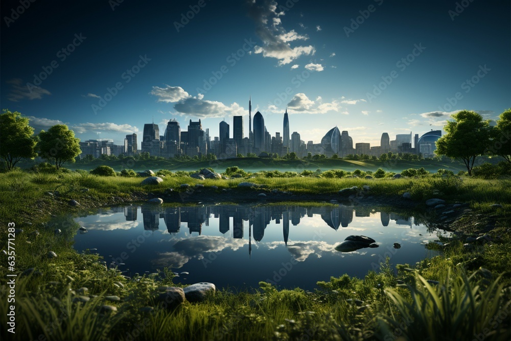 Naklejka premium Surreal harmony Grass field juxtaposed with city background in 3D rendered composition Generative AI