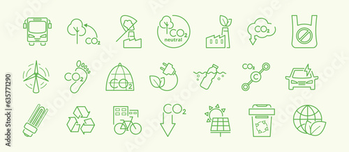 Capture co2 emission line icon set. wind turbine, bicycle,light bulb, carbon footprint, ocean cleanup, co2 molecule, recycling, public transportation, green factory vector illustration.Editable stroke