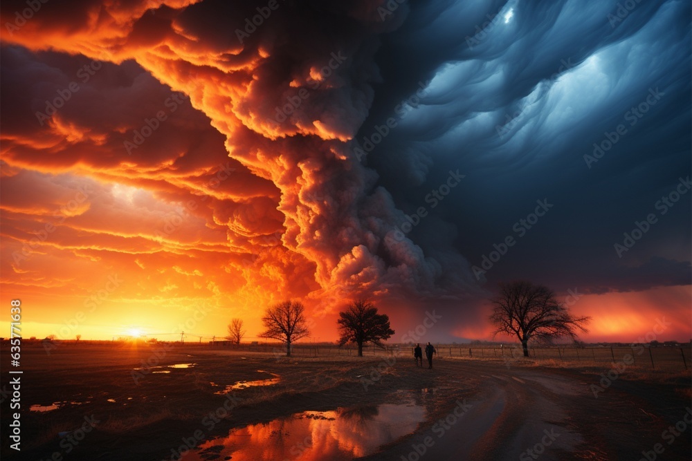 Tornado silhouetted against vibrant sunset, an astonishing convergence of natural spectacles Generative AI